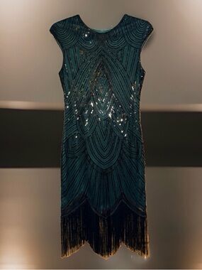 Fundaisy Embellished Fringe Midi Dress in Dark Emerald w/Black Sequins-L-EC